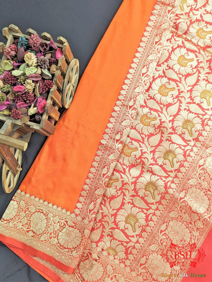 Neon Orange Katan Silk Banarasi Handloom Saree - Bharat Silk House Pure Kataan Silk