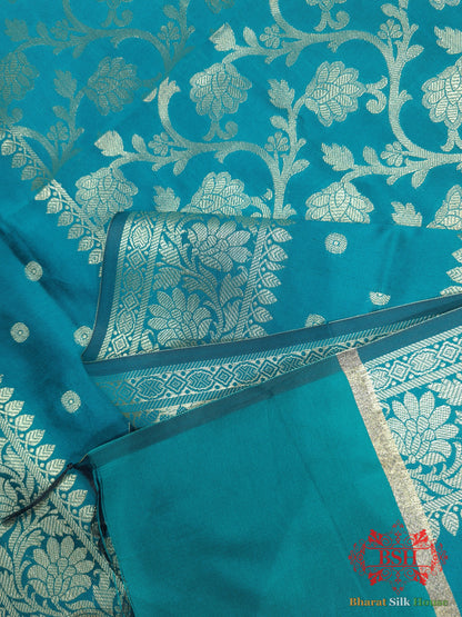 Ocean Shades Of Blue Banarasi Floral Semi Silk Dupatta - Bharat Silk House