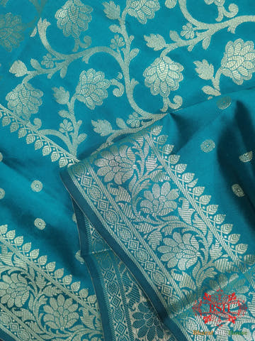 Ocean Shades Of Blue Banarasi Floral Semi Silk Dupatta - Bharat Silk House Semi Dupatte