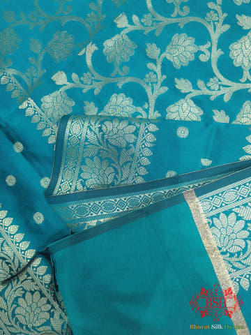 Ocean Shades Of Blue Banarasi Floral Semi Silk Dupatta - Bharat Silk House Semi Dupatte
