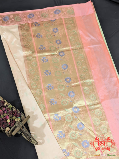 Off White Pure Katan Silk Banarasi Handloom Saree - Bharat Silk House