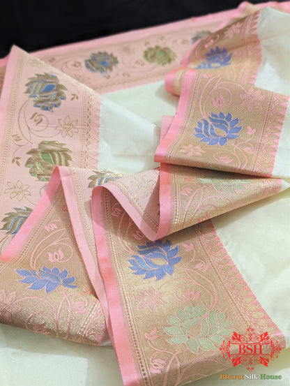 Off White Pure Katan Silk Banarasi Handloom Saree - Bharat Silk House
