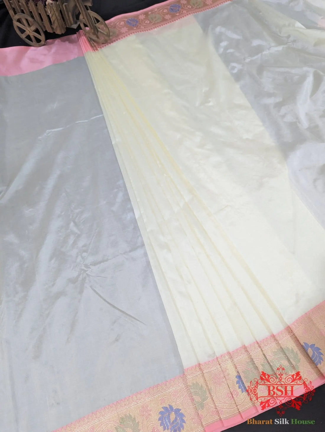 Off White Pure Katan Silk Banarasi Handloom Saree - Bharat Silk House Pure Kataan Silk