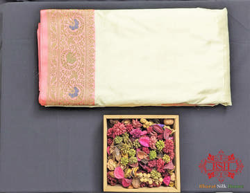 Off White Pure Katan Silk Banarasi Handloom Saree - Bharat Silk House Pure Kataan Silk