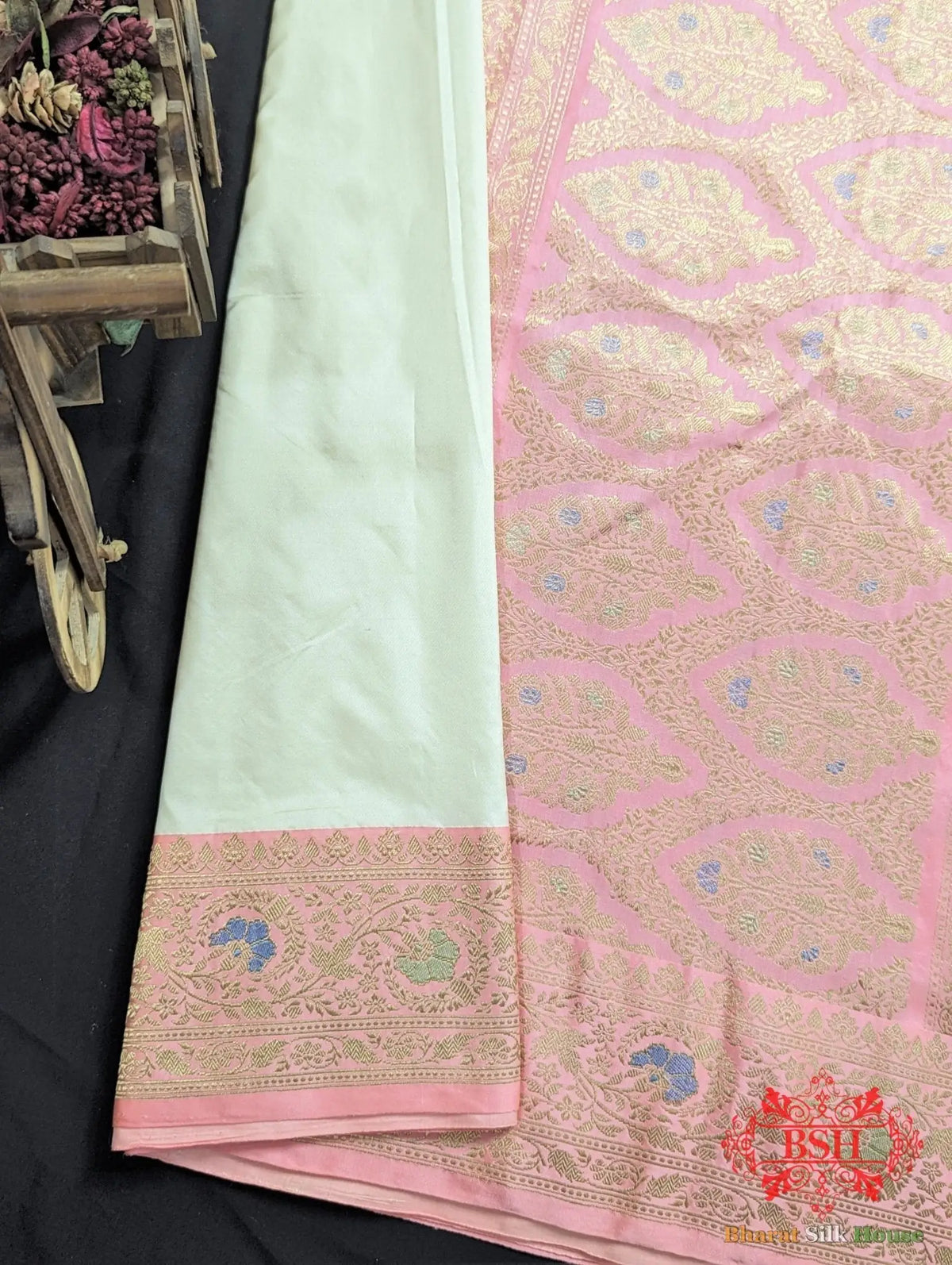 Off White Pure Katan Silk Banarasi Handloom Saree - Bharat Silk House Pure Kataan Silk