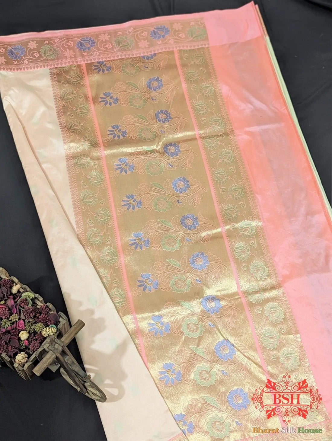 Off White Pure Katan Silk Banarasi Handloom Saree - Bharat Silk House Pure Kataan Silk