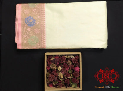 Off White Pure Katan Silk Banarasi Handloom Saree - Bharat Silk House Pure Kataan Silk