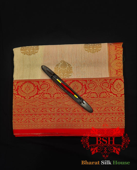 Off White Pure Tussar Moonga Silk Handloom Saree With Zari Border - Bharat Silk House