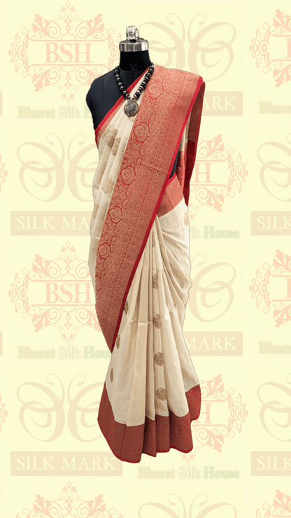 Off White Pure Tussar Moonga Silk Handloom Saree With Zari Border - Bharat Silk House