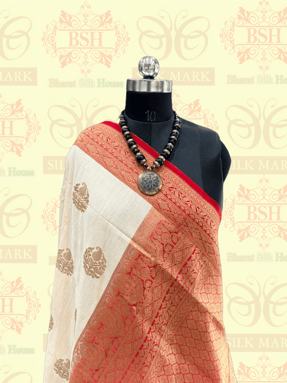 Off White Pure Tussar Moonga Silk Handloom Saree With Zari Border - Bharat Silk House