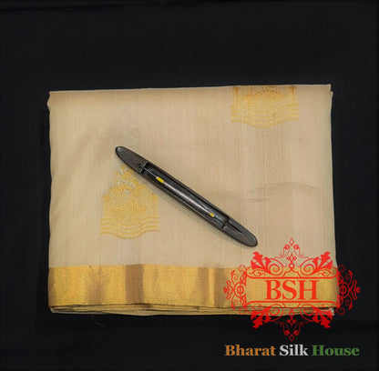 Off White Pure Tussar Moonga Silk Handloom Saree With Zari Border - Bharat Silk House Tussar