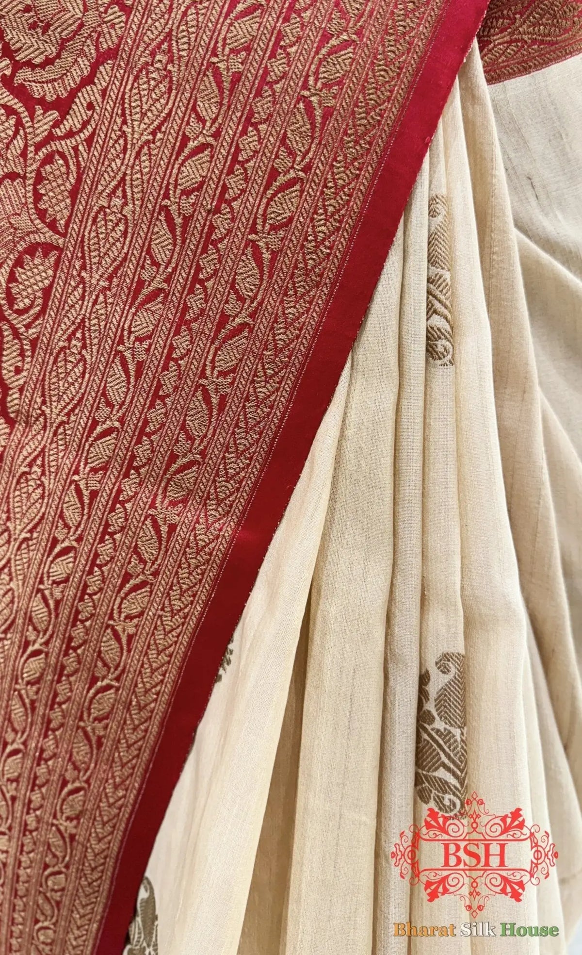 Off White Pure Tussar Moonga Silk Handloom Saree With Zari Border - Bharat Silk House Tussar