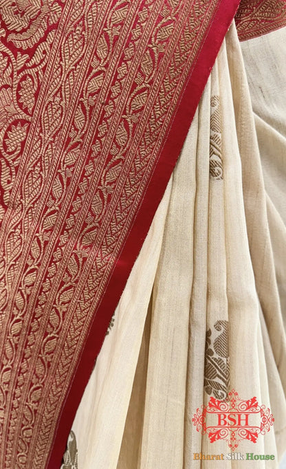 Off White Pure Tussar Moonga Silk Handloom Saree With Zari Border - Bharat Silk House Tussar