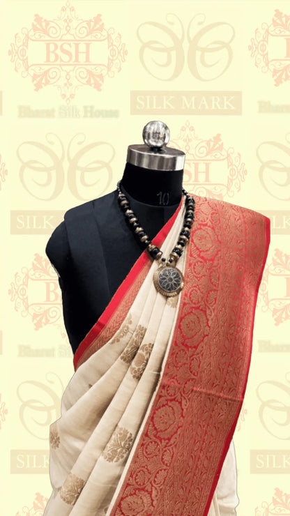 Off White Pure Tussar Moonga Silk Handloom Saree With Zari Border - Bharat Silk House Tussar