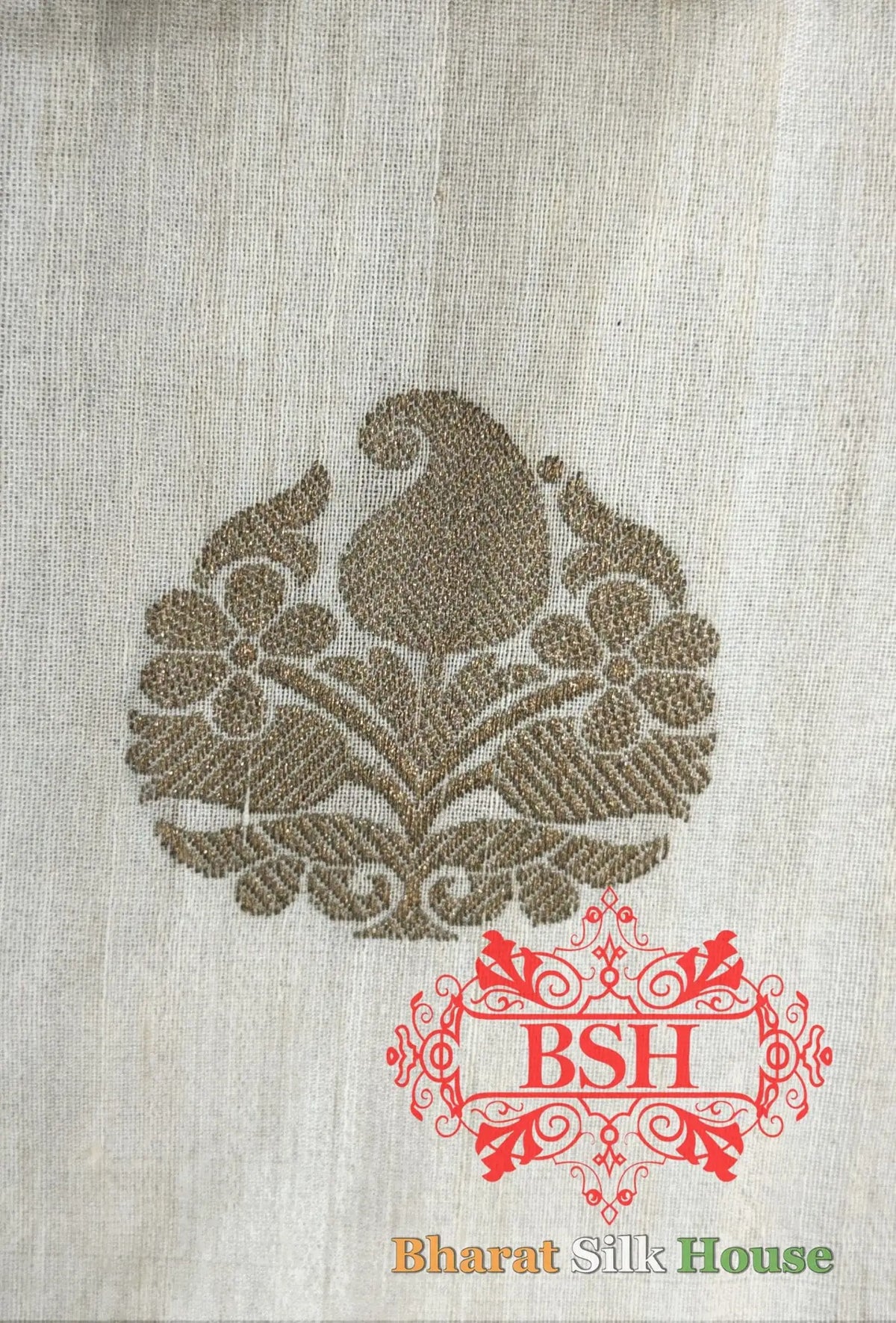 Off White Pure Tussar Moonga Silk Handloom Saree With Zari Border - Bharat Silk House Tussar