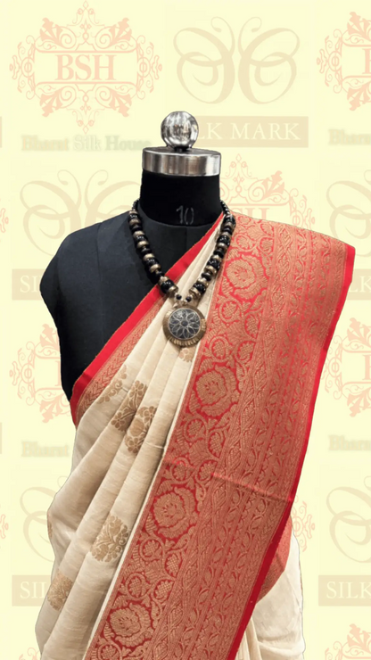 Off White Pure Tussar Moonga Silk Handloom Saree With Zari Border - Bharat Silk House Tussar