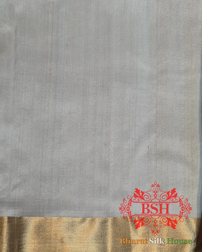 Off White Pure Tussar Moonga Silk Handloom Saree With Zari Border - Bharat Silk House Tussar