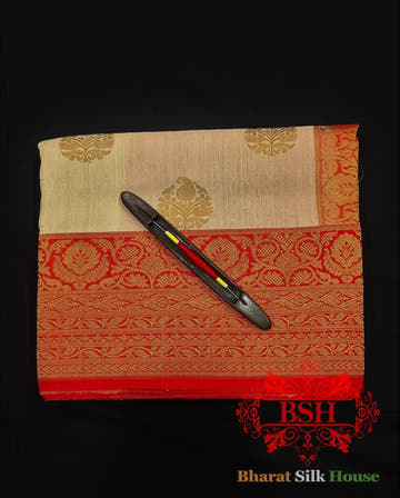 Off White Pure Tussar Moonga Silk Handloom Saree With Zari Border - Bharat Silk House Tussar