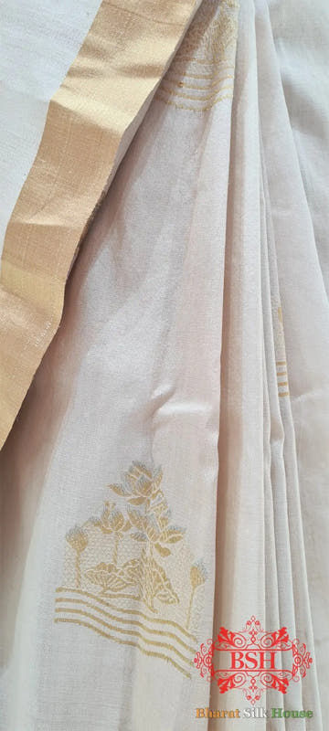 Off White Pure Tussar Moonga Silk Handloom Saree With Zari Border - Bharat Silk House Tussar