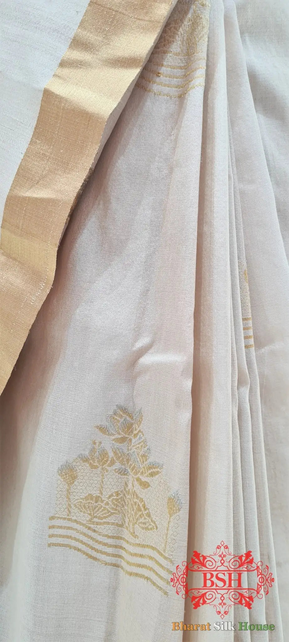 Off White Pure Tussar Moonga Silk Handloom Saree With Zari Border - Bharat Silk House Tussar