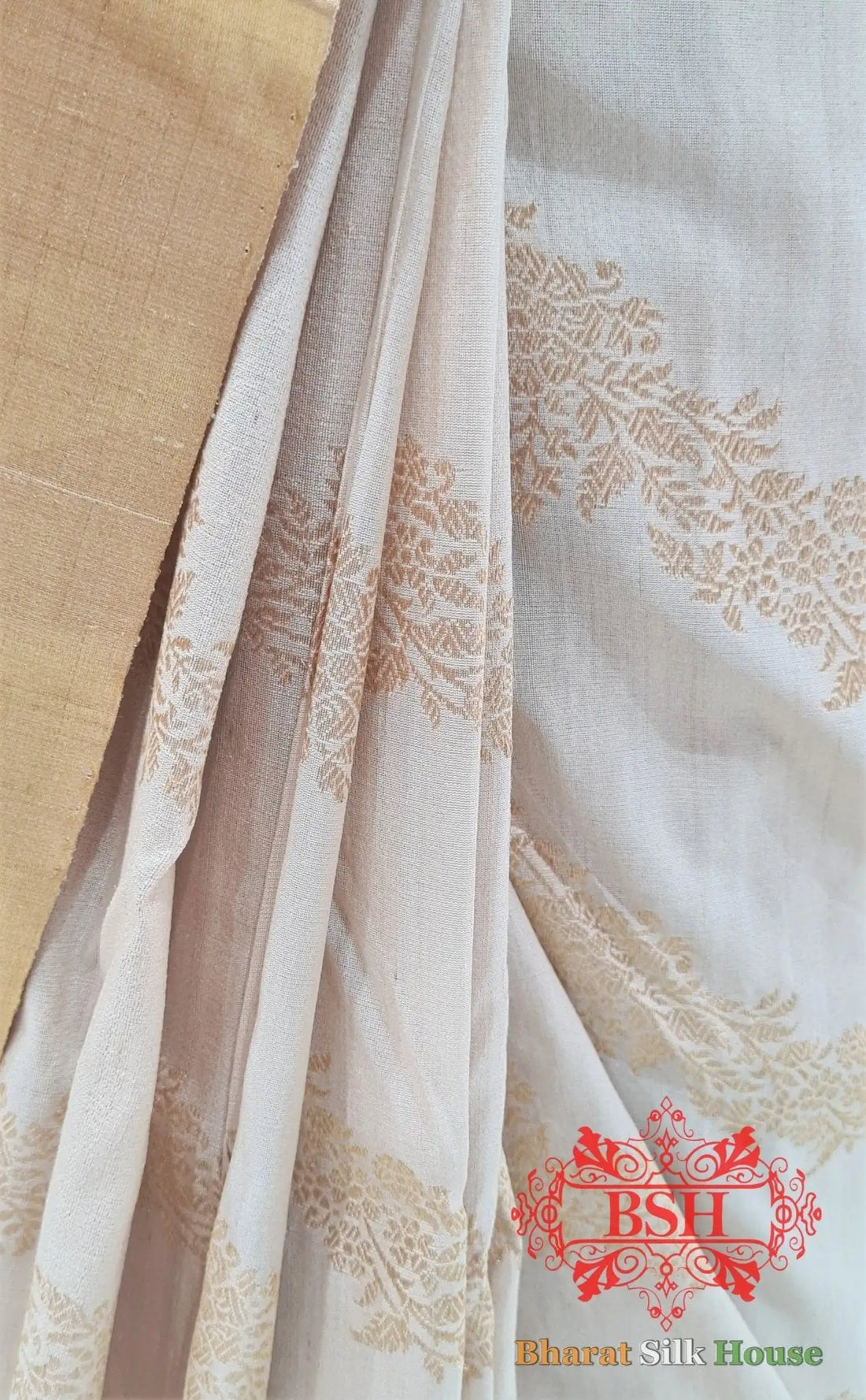 Off White Tussar Moonga Silk Handloom Saree With Zari Border - Bharat Silk House Tussar