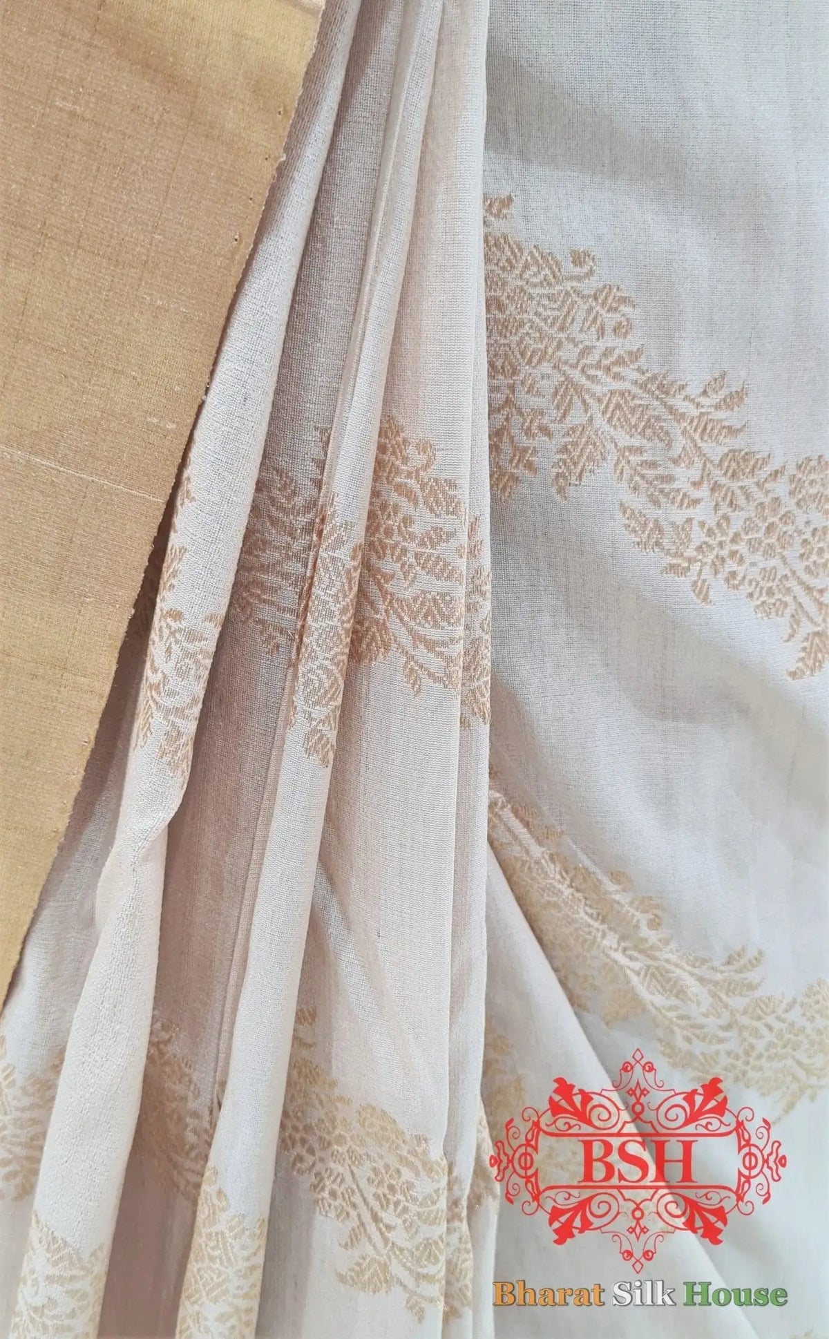 Off White Tussar Moonga Silk Handloom Saree With Zari Border - Bharat Silk House Tussar
