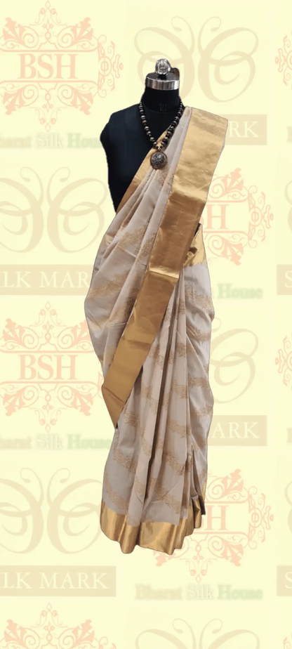 Off White Tussar Moonga Silk Handloom Saree With Zari Border - Bharat Silk House Tussar