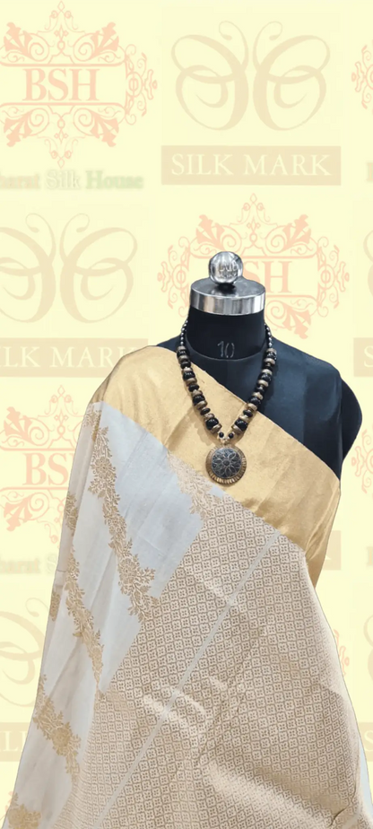 Off White Tussar Moonga Silk Handloom Saree With Zari Border - Bharat Silk House Tussar