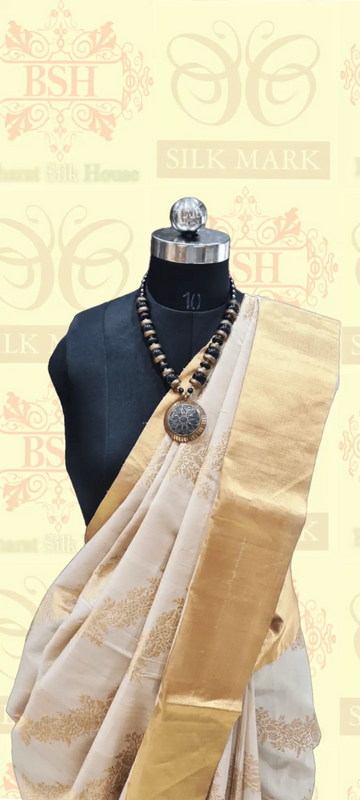 Off White Tussar Moonga Silk Handloom Saree With Zari Border - Bharat Silk House Tussar