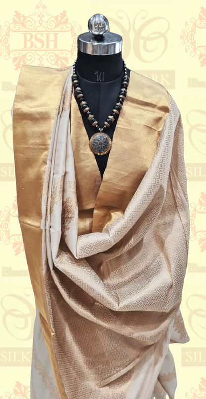 Off White Tussar Moonga Silk Handloom Saree With Zari Border - Bharat Silk House Tussar