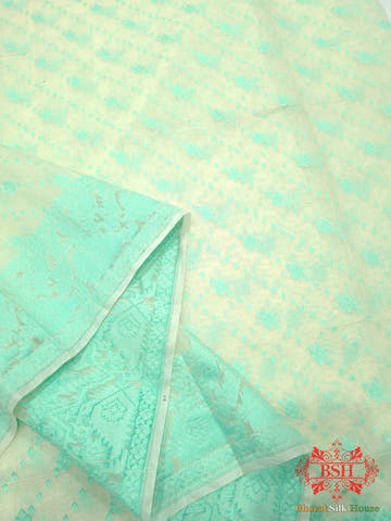 Off White/C Green Woven Banarasi Cotton Saree - Bharat Silk House Banarasi Cotton