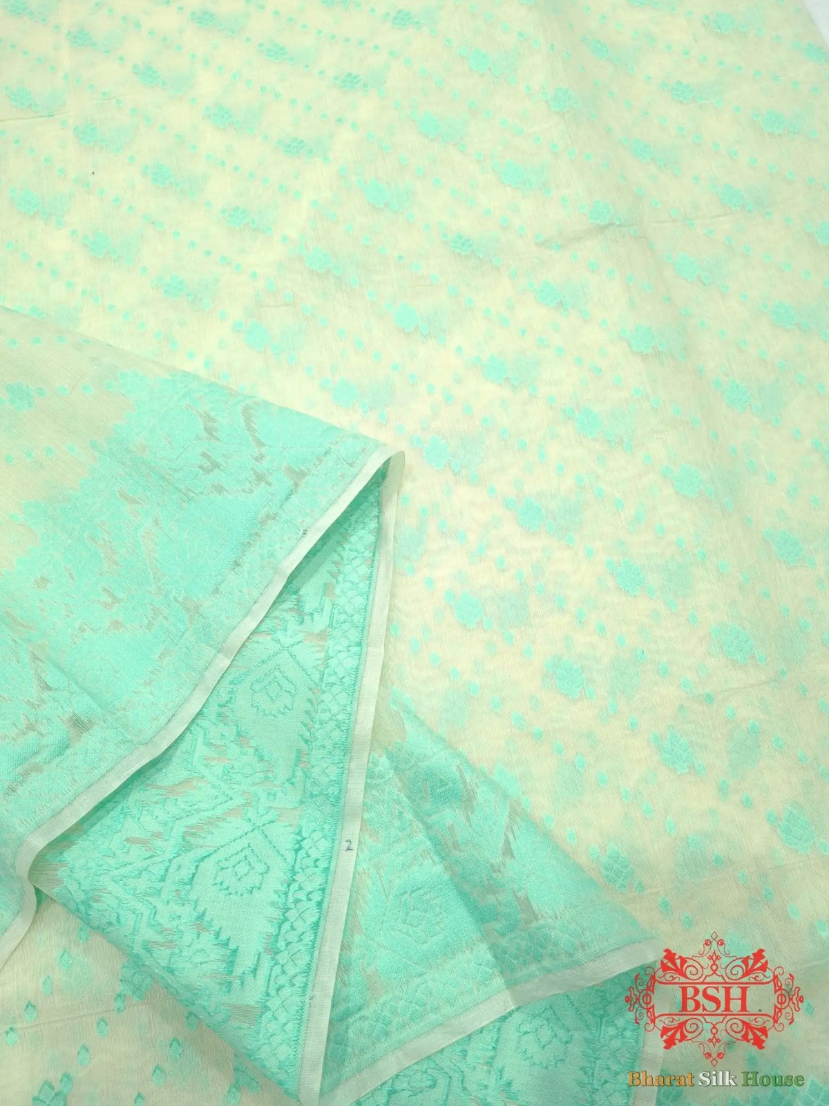Off White/C Green Woven Banarasi Cotton Saree - Bharat Silk House Banarasi Cotton