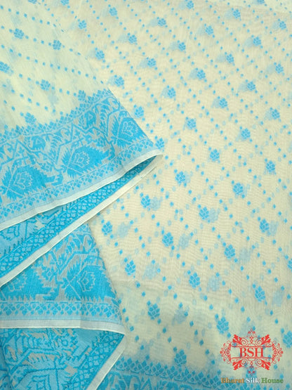 Off White/Firozi Woven Banarasi Cotton Saree - Bharat Silk House Banarasi Cotton