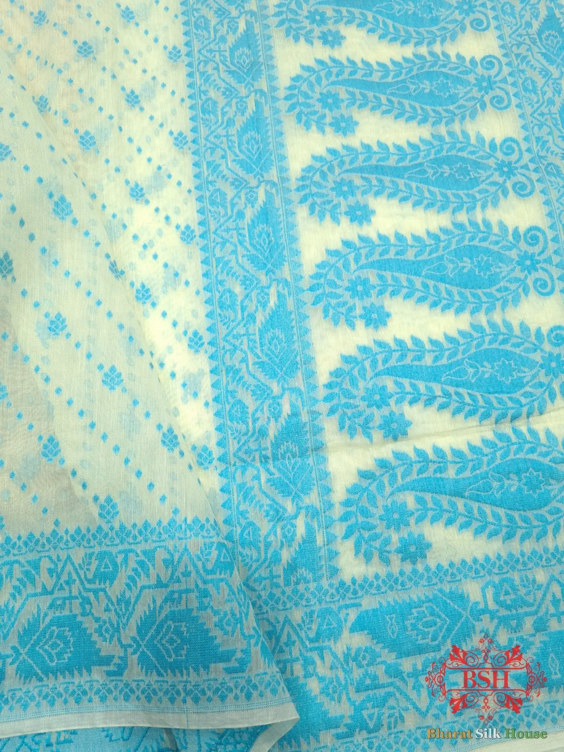 Off White/Firozi Woven Banarasi Cotton Saree - Bharat Silk House Banarasi Cotton