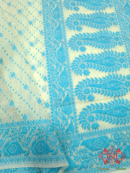 Off White/Firozi Woven Banarasi Cotton Saree - Bharat Silk House Banarasi Cotton