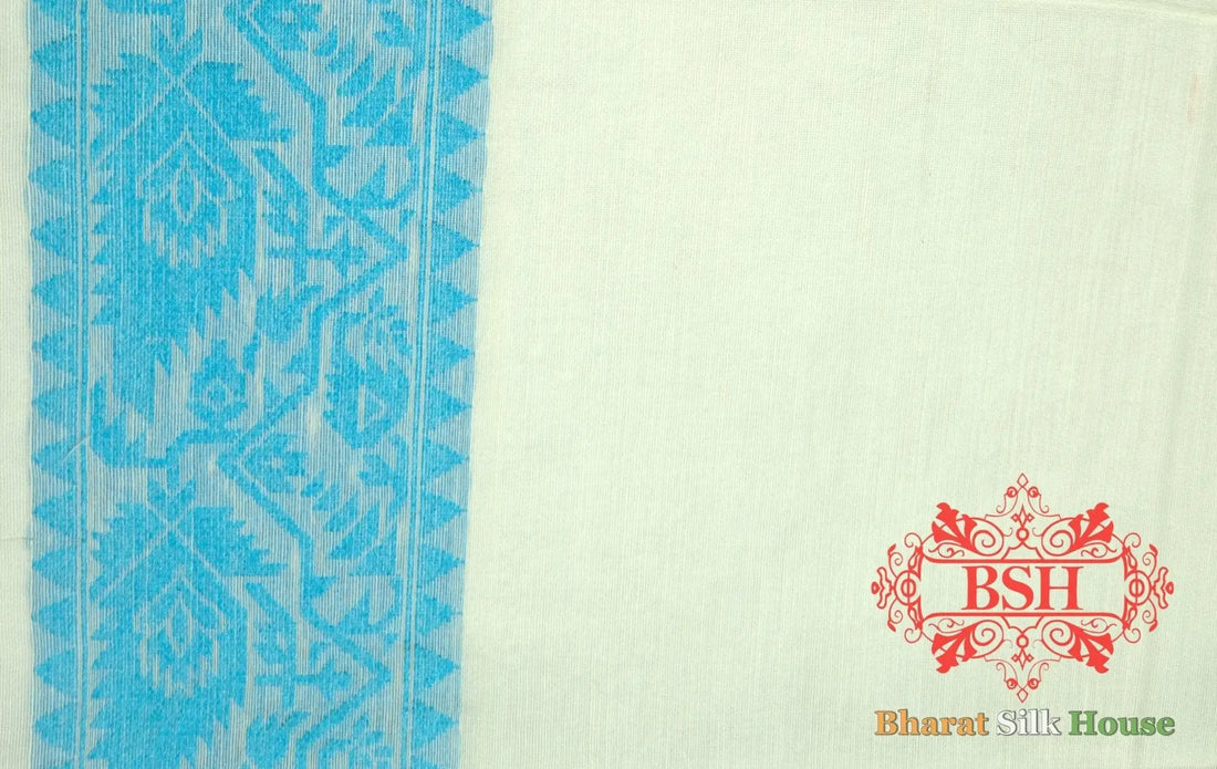 Off White/Firozi Woven Banarasi Cotton Saree - Bharat Silk House Banarasi Cotton