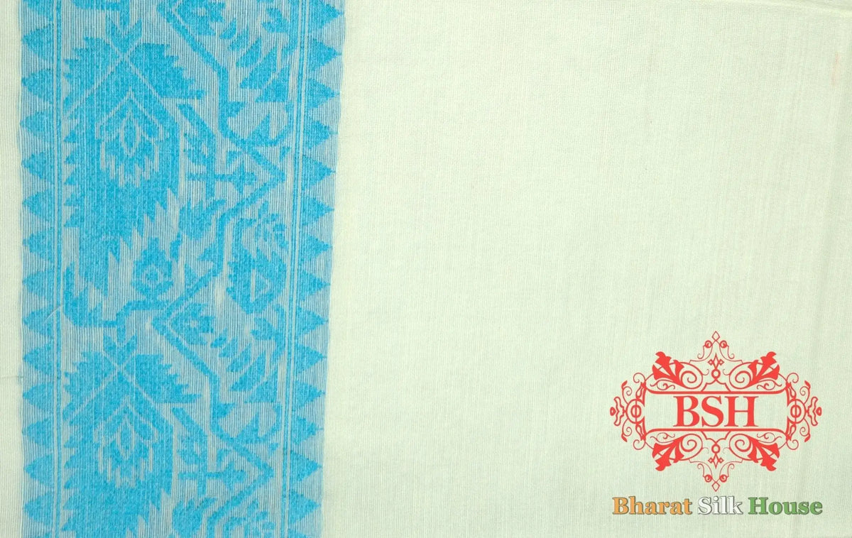 Off White/Firozi Woven Banarasi Cotton Saree - Bharat Silk House Banarasi Cotton