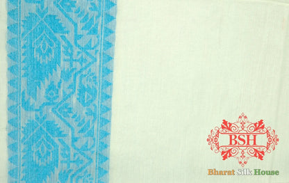 Off White/Firozi Woven Banarasi Cotton Saree - Bharat Silk House Banarasi Cotton