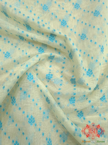 Off White/Firozi Woven Banarasi Cotton Saree - Bharat Silk House Banarasi Cotton