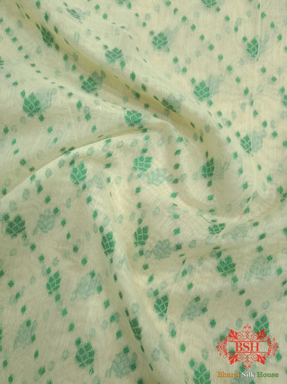 Off White/Green Woven Banarasi Cotton Saree - Bharat Silk House Banarasi Cotton