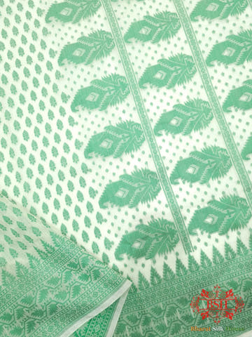 Off White/Green Woven Banarasi Cotton Saree - Bharat Silk House Banarasi Cotton
