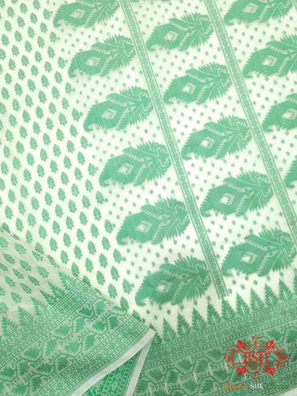 Off White/Green Woven Banarasi Cotton Saree - Bharat Silk House Banarasi Cotton