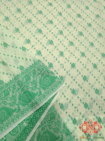 Off White/Green Woven Banarasi Cotton Saree - Bharat Silk House Banarasi Cotton