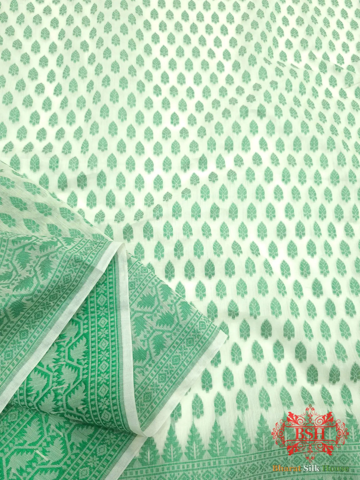 Off White/Green Woven Banarasi Cotton Saree - Bharat Silk House Banarasi Cotton