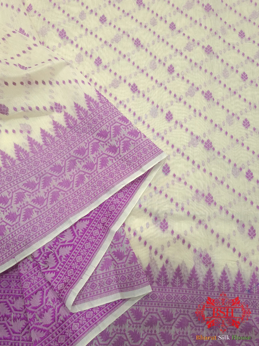 Off White/Magenta Woven Banarasi Cotton Saree - Bharat Silk House Banarasi Cotton