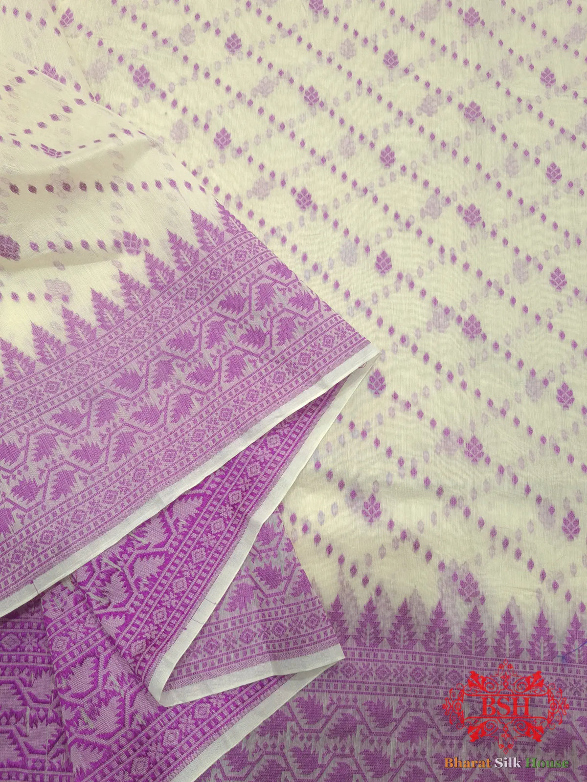 Off White/Magenta Woven Banarasi Cotton Saree - Bharat Silk House Banarasi Cotton