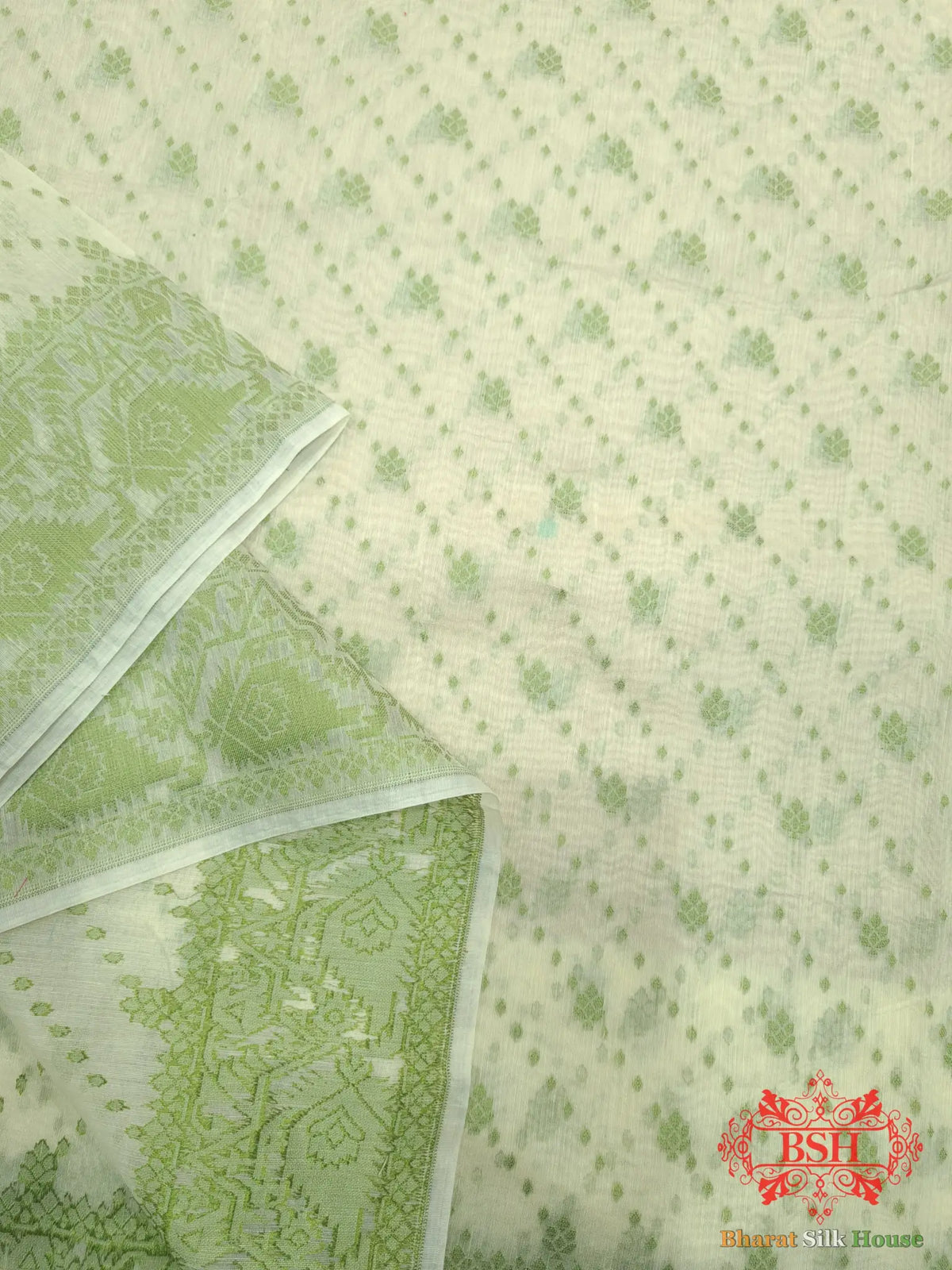 Off White/Mehandi Green Woven Banarasi Cotton Saree - Bharat Silk House Banarasi Cotton