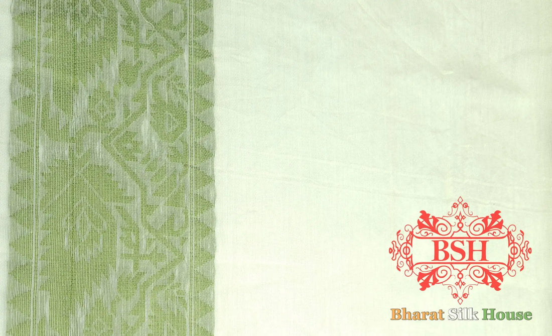 Off White/Mehandi Green Woven Banarasi Cotton Saree - Bharat Silk House Banarasi Cotton