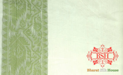 Off White/Mehandi Green Woven Banarasi Cotton Saree - Bharat Silk House Banarasi Cotton