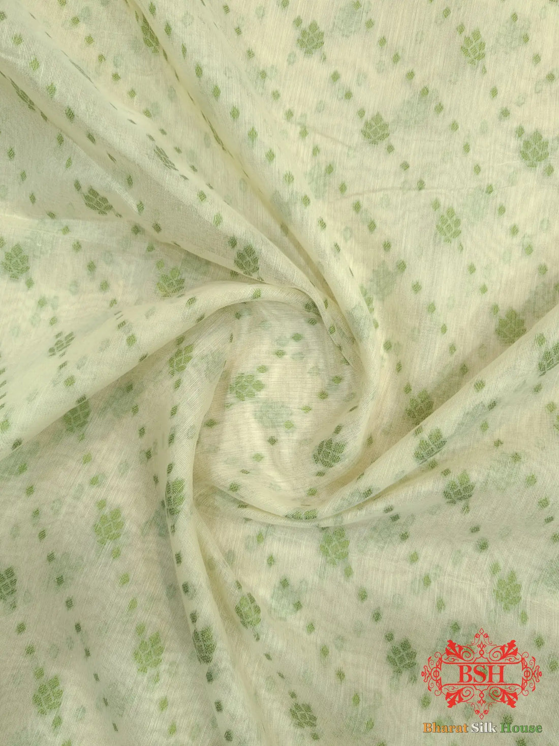 Off White/Mehandi Green Woven Banarasi Cotton Saree - Bharat Silk House Banarasi Cotton